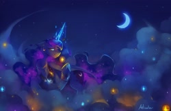 Size: 4096x2650 | Tagged: safe, artist:anticular, character:princess luna, species:alicorn, species:pony, g4, cloud, crescent moon, female, high res, jewelry, mare, moon, night, on a cloud, solo