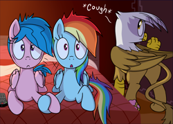 Size: 7200x5152 | Tagged: safe, artist:sorcerushorserus, character:firefly, character:gilda, character:rainbow dash, species:griffon, species:pegasus, species:pony, comic:dash academy, ship:dashfly, g1, absurd resolution, bed, caught, comic, cough, female, holding hooves, hotel, hotel room, lesbian, mare, movie, pillow, remote control, semi-grimdark series, shipping, suggestive series, television, upscaled, waifu2x