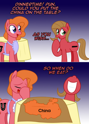 Size: 1148x1602 | Tagged: safe, artist:ladyanidraws, oc, oc:charity, oc:pun, species:earth pony, species:pony, g4, china, female, map, mare, pun, table, visual gag