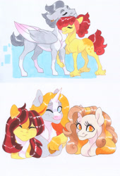 Size: 2550x3754 | Tagged: safe, artist:frozensoulpony, character:apple bloom, character:rumble, oc, oc:brina cupcake, oc:solstice sunshine, oc:tiny seedling, parent:apple bloom, parent:rumble, parents:rumbloom, species:earth pony, species:pony, species:unicorn, g4, female, mare, offspring, older, rumbloom, shipping, straight, traditional art, unshorn fetlocks