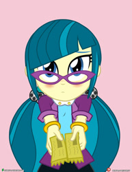 Size: 1500x1942 | Tagged: safe, artist:dieart77, character:juniper montage, species:eqg human, g4, my little pony:equestria girls, blushing, bracelet, clothing, commission, cute, female, glasses, jewelry, junibetes, moe, movie ticket, nervous, pigtails, skirt, solo, weapons-grade cute