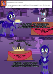 Size: 1148x1602 | Tagged: safe, artist:ladyanidraws, character:doctor whooves, character:time turner, oc, oc:pun, species:pony, ask pun, g4, agent 707, ask, ask discorded whooves, butter, comic, discord whooves, eating, food, that pony sure does love butter