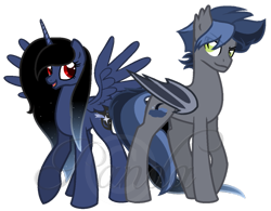 Size: 817x638 | Tagged: safe, artist:ipandacakes, oc, oc only, oc:cloud shade, oc:nightfly, parent:king sombra, parent:princess luna, parents:lumbra, species:alicorn, species:bat pony, species:pony, g4, alicorn oc, bat pony oc, bat wings, horn, offspring, simple background, transparent background, wings