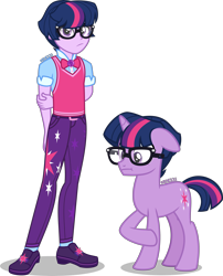 Size: 3233x4000 | Tagged: safe, alternate version, artist:orin331, character:twilight sparkle, character:twilight sparkle (scitwi), oc:dusk shine, species:eqg human, species:pony, species:unicorn, g4, my little pony:equestria girls, :t, arm behind back, bow tie, clothing, cutie mark, cutie mark on clothes, equestria guys, floppy ears, geode of telekinesis, glasses, high res, human ponidox, magical geodes, male, pants, ponidox, raised hoof, rule 63, sci-dusk, self paradox, self ponidox, shirt, shoes, simple background, stallion, sweater vest, transparent background, unicorn sci-dusk, unicorn sci-twi