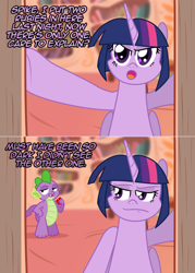 Size: 1076x1502 | Tagged: safe, artist:ladyanidraws, character:spike, character:twilight sparkle, character:twilight sparkle (alicorn), species:alicorn, species:dragon, species:pony, g4, dialogue, eating, female, gem, lies, mare, twilight is not amused, unamused