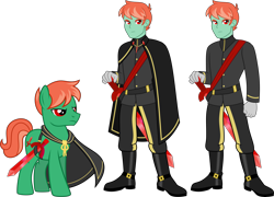 Size: 6239x4500 | Tagged: safe, artist:limedazzle, oc, oc only, oc:ruby sword, species:pony, g4, my little pony:equestria girls, bio in description, cape, cloak, clothing, cutie mark, glare, looking at you, military, military uniform, reference sheet, show accurate, simple background, stern, sword, transparent background, weapon