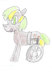 Size: 649x911 | Tagged: safe, artist:ptitemouette, oc, oc:golden nuggets, parent:ms. harshwhinny, parent:ms. peachbottom, g4, parents:harshbottom, wheelchair