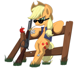 Size: 4000x3500 | Tagged: safe, artist:template93, character:applejack, species:earth pony, species:pony, g4, apple, badass, bandage, clothing, fence, food, grass, gun, hat, high res, leaning, looking at you, rifle, shotgun, simple background, sunglasses, transparent background, vest, weapon, wheat