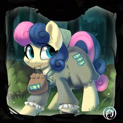 Size: 1889x1889 | Tagged: safe, artist:oofycolorful, character:bon bon, character:sweetie drops, species:earth pony, species:pony, g4, card game, crossover, female, mare, mouth hold, rags, sack, solo, the werewolves of millers hollow