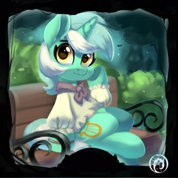 Size: 1889x1889 | Tagged: safe, artist:oofycolorful, character:lyra heartstrings, species:pony, species:unicorn, g4, bench, clothing, crossover, female, forest, mare, sitting, solo, the werewolves of millers hollow