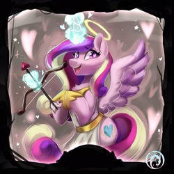 Size: 1889x1889 | Tagged: safe, artist:oofycolorful, character:princess cadance, species:alicorn, species:pony, g4, arrow, bow (weapon), bow and arrow, chest fluff, clothing, crossover, cupid, cupidance, female, halo, happy, heart, heart eyes, implied aelita, implied aelita schaeffer, implied code lyoko, magic, mare, open mouth, solo, telekinesis, the werewolves of millers hollow, weapon, wingding eyes