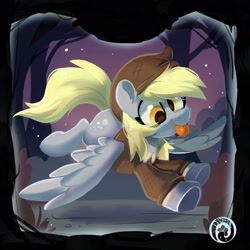 Size: 1889x1889 | Tagged: safe, artist:oofycolorful, character:derpy hooves, species:pegasus, species:pony, g4, blep, cap, clothing, crossover, female, flying, hat, mare, rags, solo, the werewolves of millers hollow, tongue out