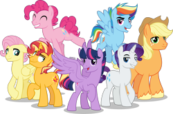 Size: 5000x3321 | Tagged: safe, artist:orin331, character:applejack, character:fluttershy, character:pinkie pie, character:rainbow dash, character:rarity, character:sunset shimmer, character:twilight sparkle, character:twilight sparkle (alicorn), oc:dusk shine, species:alicorn, species:earth pony, species:pegasus, species:pony, species:unicorn, g4, applejack (male), applejack's hat, bedroom eyes, bubble berry, butterscotch, clothing, cowboy hat, elusive, eyes closed, flying, freckles, grin, hat, male, male seven, male six, mane six, open mouth, rainbow blitz, raised hoof, raised leg, rule 63, simple background, smiling, stallicorn, stallion, sunset glare, transparent background, unshorn fetlocks