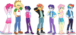 Size: 5000x2295 | Tagged: safe, artist:orin331, character:applejack, character:fluttershy, character:pinkie pie, character:rainbow dash, character:rarity, character:sunset shimmer, character:twilight sparkle, character:twilight sparkle (scitwi), oc:dusk shine, species:eqg human, g4, my little pony:equestria girls, absurd resolution, alternate hairstyle, applejack (male), applejack's hat, belt, boots, bubble berry, butterscotch, clothing, converse, cowboy boots, cowboy hat, elusive, equestria guys, feet, freckles, geode of empathy, geode of fauna, geode of shielding, geode of sugar bombs, geode of super speed, geode of super strength, geode of telekinesis, glasses, hat, hoodie, humane five, humane seven, humane six, jacket, jeans, magical geodes, male, male six, necktie, pants, rainbow blitz, rule 63, sandals, sci-dusk, shirt, shoes, shorts, simple background, sneakers, stetson, sunset glare, suspenders, sweatpants, t-shirt, tank top, transparent background