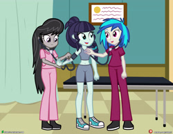 Size: 4000x3090 | Tagged: safe, artist:dieart77, character:coloratura, character:dj pon-3, character:octavia melody, character:vinyl scratch, g4, my little pony:equestria girls, absurd resolution, belly button, blood pressure cuff, checkup, clothing, commission, converse, doctor's office, hospital, midriff, nurse, open mouth, pants, rara, scrubs (gear), shoes, stethoscope, tension