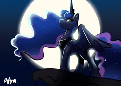 Size: 1674x1186 | Tagged: safe, artist:oofycolorful, character:princess luna, species:alicorn, species:pony, g4, chest fluff, cliff, female, full moon, mare, moon, night, profile, sky, solo, spread wings, wings
