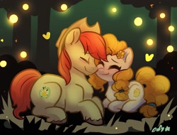Size: 1583x1200 | Tagged: safe, artist:oofycolorful, character:bright mac, character:pear butter, species:earth pony, species:pony, ship:brightbutter, g4, chest fluff, cute, dawwww, eyes closed, female, firefly, heart, insect, lying down, male, mare, ponyloaf, prone, shipping, smiling, stallion, straight