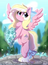Size: 1200x1612 | Tagged: safe, artist:oofycolorful, oc, oc only, oc:bay breeze, species:pegasus, species:pony, g4, blushing, bouquet, chest fluff, cute, female, flower, mare, ocbetes, solo