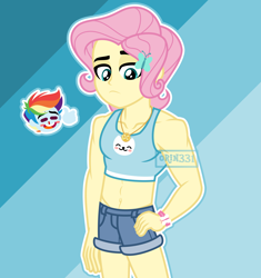 Size: 3754x4000 | Tagged: safe, artist:orin331, character:fluttershy, character:rainbow dash, ship:flutterdash, g4, my little pony:equestria girls, abs, blood, blushing, butterblitz, butterscotch, butterscotch mercury, chibi, clothing, crossdressing, denim shorts, equestria guys, femboy, gay, geode of fauna, girly, hand on hip, magical geodes, male, muscles, muscular male, nosebleed, pink hair, rainbow blitz, rule 63, shipping, short shirt, shorts, tank top, thumbs up, unamused, wristband, yellow skin