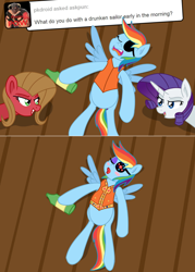 Size: 1076x1502 | Tagged: safe, artist:ladyanidraws, character:rainbow dash, character:rarity, oc, oc:pun, species:pony, ask pun, g4, ask, makeup, pirate dash, prank, rainbow dash always dresses in style, sleeping