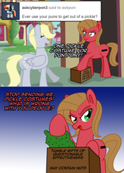 Size: 1076x1502 | Tagged: safe, artist:ladyanidraws, character:derpy hooves, oc, oc:pun, species:earth pony, species:pony, ask pun, g4, ask, pickle costume