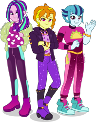 Size: 3539x4500 | Tagged: safe, artist:limedazzle, character:adagio dazzle, character:aria blaze, character:sonata dusk, equestria girls:sunset's backstage pass, g4, my little pony: equestria girls, my little pony:equestria girls, spoiler:eqg series (season 2), allegro amoroso, clothing, converse, crossed arms, equestria guys, eyeshadow, jacket, looking at you, makeup, ouvertis grandioso, pants, rule 63, scherzo lesto, shoes, simple background, the blindings, the dazzlings, transparent background, trio