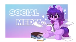 Size: 1174x660 | Tagged: safe, artist:oofycolorful, oc, oc only, oc:share dast, species:earth pony, species:pony, g4, book, eraser, notebook, pencil, solo, tongue out