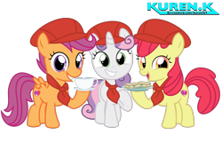 Size: 1900x1220 | Tagged: safe, artist:kuren247, character:apple bloom, character:scootaloo, character:sweetie belle, species:earth pony, species:pegasus, species:pony, species:unicorn, g4, adorabloom, apple bloom's cutie mark, clothing, coffee, crossover, cute, cutie mark, cutie mark crusaders, drink, exploitable meme, female, filly, food, hat, looking at you, meme, pokemon cafe mix, sandwich, scootaloo's cutie mark, simple background, smiling, smiling at you, sweetie belle's cutie mark, the cmc's cutie marks, transparent background, vector