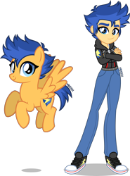 Size: 2956x4000 | Tagged: safe, artist:orin331, character:flash sentry, species:pegasus, species:pony, g4, my little pony:equestria girls, alternate hairstyle, clothing, converse, crossed arms, equestria guys, female, flare warden, flying, hoodie, human ponidox, jeans, mare, pants, ponidox, raised hoof, raised leg, rule 63, self paradox, self ponidox, shirt, shoes, simple background, smiling, smirk, sneakers, t-shirt, tomboy, transparent background
