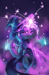 Size: 2650x4096 | Tagged: safe, artist:anticular, character:trixie, species:pony, species:unicorn, g4, clothing, female, floppy ears, glowing horn, high res, horn, looking at you, magic, mare, one eye closed, smiling, smoke, smoke bomb, solo, sparks, trixie's cape, trixie's hat, wink