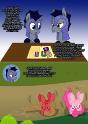Size: 1076x1502 | Tagged: safe, artist:ladyanidraws, character:pinkie pie, oc, oc:adamant, oc:pun, oc:westwood, species:earth pony, species:pony, ask pun, g4, ask, earth pony oc, horses doing horse things, implied changeling, rolling