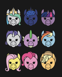 Size: 882x1096 | Tagged: safe, artist:samoht-lion, character:applejack, character:fluttershy, character:pinkie pie, character:princess celestia, character:princess luna, character:rainbow dash, character:rarity, character:spike, character:twilight sparkle, species:alicorn, species:dragon, species:earth pony, species:pegasus, species:pony, species:unicorn, g4, dark background, needs more jpeg, simple background, stylized