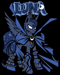Size: 1112x1380 | Tagged: safe, artist:samoht-lion, character:princess luna, species:alicorn, species:pony, g4, black background, cape, clothing, crossover, female, luna spawn, mare, needs more jpeg, simple background, solo, spawn, spiked bracers, spikes, watermark, white eyes