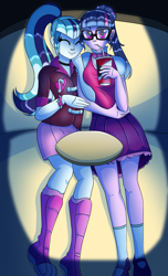 Size: 1700x2800 | Tagged: safe, artist:elmutanto, character:sonata dusk, character:twilight sparkle, character:twilight sparkle (scitwi), species:eqg human, g4, my little pony:equestria girls, cuddling, drink, female, lesbian, shipping, twinata