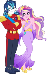 Size: 2865x4500 | Tagged: safe, artist:limedazzle, character:dean cadance, character:princess cadance, character:shining armor, ship:shiningcadance, g4, my little pony:equestria girls, absurd resolution, alternate universe, alumnus shining armor, clothing, cute, dress, female, husband and wife, looking at you, male, pants, shipping, simple background, smiling, smiling at you, straight, transparent background, uniform