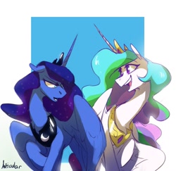 Size: 1201x1165 | Tagged: safe, artist:anticular, character:princess celestia, character:princess luna, species:alicorn, species:pony, g4, duo, female, floppy ears, mare, open mouth, raised hoof, royal sisters, sisters, spread wings, wings