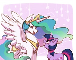 Size: 1280x1024 | Tagged: safe, artist:oofycolorful, character:princess celestia, character:twilight sparkle, character:twilight sparkle (unicorn), species:alicorn, species:pony, species:unicorn, g4, chest fluff, crown, cute, duo, female, horn, jewelry, looking at each other, mare, open mouth, profile, regalia, simple background, spread wings, wings