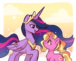 Size: 1280x1024 | Tagged: safe, artist:oofycolorful, character:luster dawn, character:twilight sparkle, character:twilight sparkle (alicorn), species:alicorn, species:pony, species:unicorn, episode:the last problem, g4, my little pony: friendship is magic, chest fluff, cloud, female, mare, older, older twilight, open mouth, princess twilight 2.0, profile