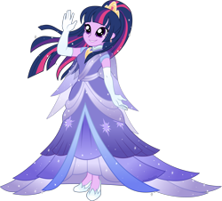 Size: 4972x4500 | Tagged: safe, artist:limedazzle, character:twilight sparkle, character:twilight sparkle (alicorn), character:twilight sparkle (eqg), species:eqg human, episode:the last problem, g4, my little pony: friendship is magic, my little pony:equestria girls, absurd resolution, beautiful, clothing, coronation dress, dress, evening gloves, female, gloves, gown, jewelry, long gloves, pretty, second coronation dress, shoes, simple background, smiling, solo, starry hair, tiara, transparent background, waving