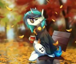 Size: 1692x1440 | Tagged: safe, artist:anticular, character:dj pon-3, character:vinyl scratch, species:pony, species:unicorn, g4, autumn, bench, blurred background, clothing, coffee, coffee cup, cup, female, glasses, headphones, jacket, leaves, lidded eyes, park bench, red eyes, scenery, sitting, solo