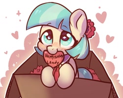 Size: 1280x1024 | Tagged: safe, artist:oofycolorful, character:coco pommel, species:earth pony, species:pony, g4, blushing, box, cocobetes, cute, female, happy birthday, heart, mare, mouth hold, pony in a box, simple background, solo, white background