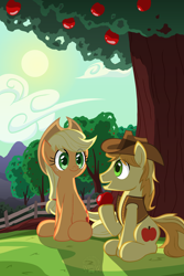 Size: 3600x5400 | Tagged: safe, artist:template93, character:applejack, character:braeburn, species:earth pony, species:pony, g4, absurd resolution, apple, apple tree, clothing, cloud, duo, family, fence, food, hat, hill, sitting, sky, sun, tree, vest