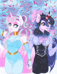 Size: 2974x3808 | Tagged: safe, artist:frozensoulpony, character:princess flurry heart, oc, oc:lilac, parent:autumn blaze, parent:princess luna, parents:lunablaze, species:anthro, g4, hybrid, magical lesbian spawn, offspring, older, traditional art
