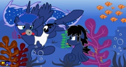 Size: 1600x857 | Tagged: safe, artist:evilfrenzy, character:princess luna, oc, oc:frenzy, species:alicorn, species:pony, species:sea pony, g4, alternate hairstyle, bubble, clothing, diving, dory, female, fish, fruna, ocean, one-piece swimsuit, open-back swimsuit, ponytail, rebreather, scuba, seahorse, seaponified, show accurate, species swap, swimming, swimsuit, underwater, water, white swimsuit
