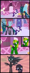 Size: 1600x3847 | Tagged: safe, artist:evilfrenzy, character:queen chrysalis, character:rarity, oc, species:changeling, species:pony, species:unicorn, g4, bikini, carousel boutique, clothing, comic, eyes closed, female, leaves, lidded eyes, male, mare, one-piece swimsuit, show accurate, stallion, swimming trunks, swimsuit