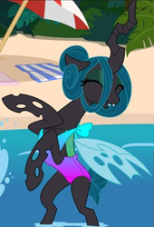 Size: 760x1115 | Tagged: safe, artist:evilfrenzy, character:queen chrysalis, species:changeling, species:pony, g4, alternate hairstyle, beach, changeling queen, clothing, cropped, cute, cutealis, eyes closed, female, hair bun, mare, one-piece swimsuit, show accurate, swimsuit