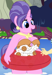 Size: 4334x6317 | Tagged: safe, artist:evilfrenzy, character:cookie crumbles, character:posey shy, species:anthro, species:pony, species:unicorn, g4, absurd resolution, big breasts, breasts, busty cookie crumbles, clothing, cropped, female, hand, inner tube, mare, milf, one-piece swimsuit, solo, solo focus, swimsuit
