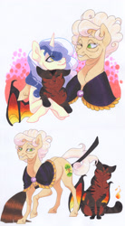Size: 2548x4622 | Tagged: safe, artist:frozensoulpony, character:goldie delicious, oc, oc:wyken pippen, parent:applejack, parent:prince blueblood, parents:bluejack, species:pony, species:unicorn, g4, bat wings, broom, offspring, traditional art, winged cat, wings
