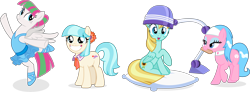 Size: 11873x4347 | Tagged: safe, artist:punzil504, character:aloe, character:blossomforth, character:coco pommel, character:helia, species:earth pony, species:pegasus, species:pony, g4, absurd resolution, alternate hairstyle, ballerina, cocobetes, cute, female, file, hair dryer, mare, simple background, smiling, transparent background, twilight sparkle day, vector