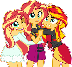 Size: 5000x4656 | Tagged: safe, artist:orin331, character:sunset shimmer, g4, my little pony:equestria girls, absurd resolution, alternate design, breasts, busty sunset shimmer, clothing, cute, digital art, female, frown, hug, looking at you, one eye closed, self paradox, shimmerbetes, simple background, skirt, smiling, sunset shimmer day, transparent background, triality, trio, wink